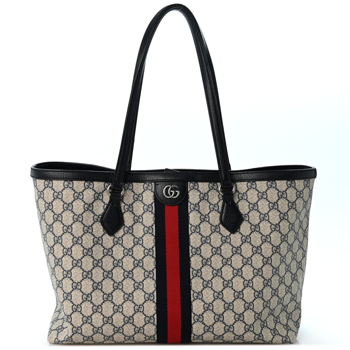 GG Supreme Monogram Textured Calfskin Web Medium Ophidia Shopping Tote Beige Blue