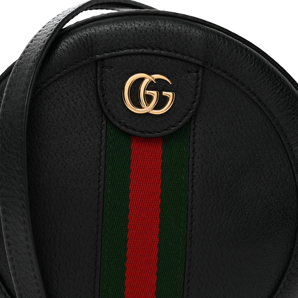 Grained Calfskin Web Mini Ophidia Round Shoulder Bag Black