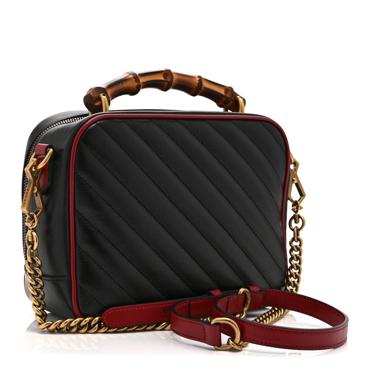 Vintage Effect Calfskin Matelasse Diagonal Small Torchon GG Marmont Bamboo Top Handle Shoulder Bag Black Romantic Cherry