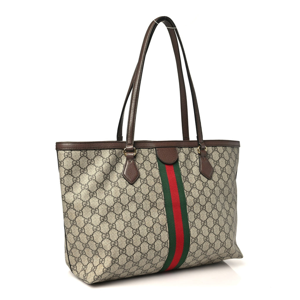 GG Supreme Monogram Textured Calfskin Web Medium Ophidia Shopping Tote Beige Ebony New Acero
