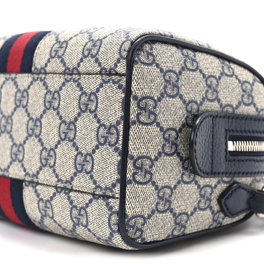 GG Supreme Monogram Textured Dollar Calfskin Web Mini Ophidia Top Handle Bag Beige Blue