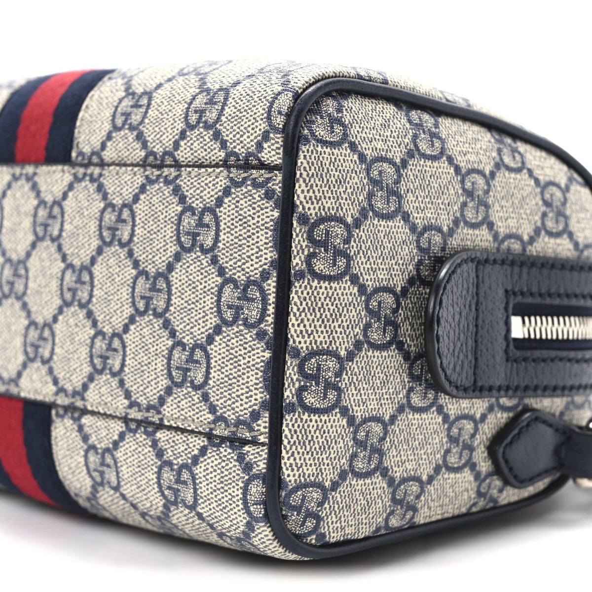GG Supreme Monogram Textured Dollar Calfskin Web Mini Ophidia Top Handle Bag Beige Blue