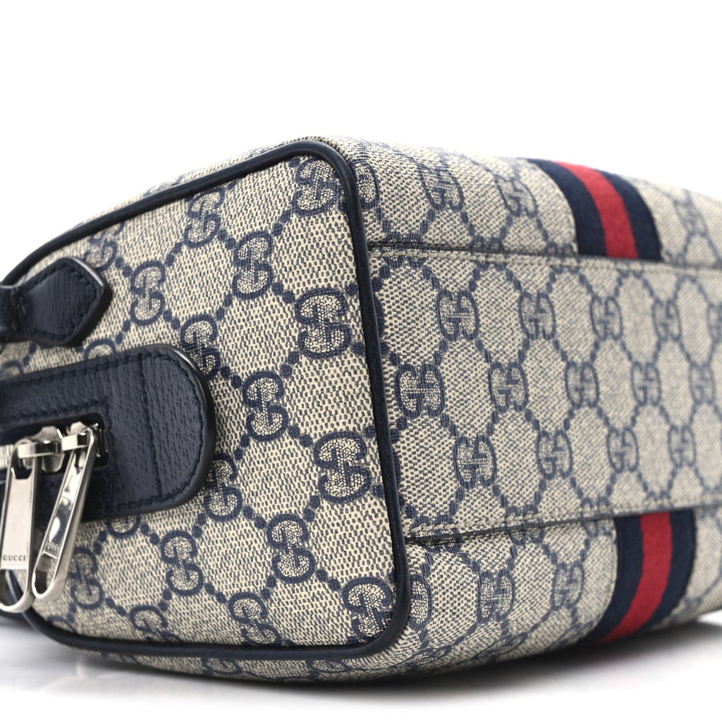 GG Supreme Monogram Textured Dollar Calfskin Web Mini Ophidia Top Handle Bag Beige Blue
