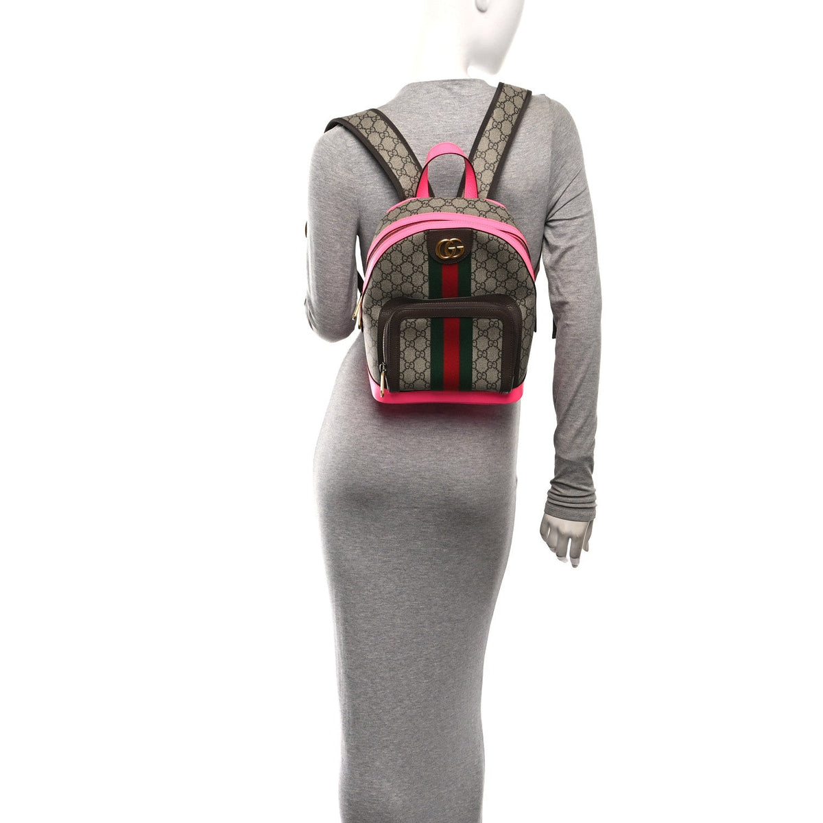 GG Supreme Monogram Textured Dollar Calfskin Web Small Ophidia Day Backpack Beige Ebony Fluorescent Fuchsia