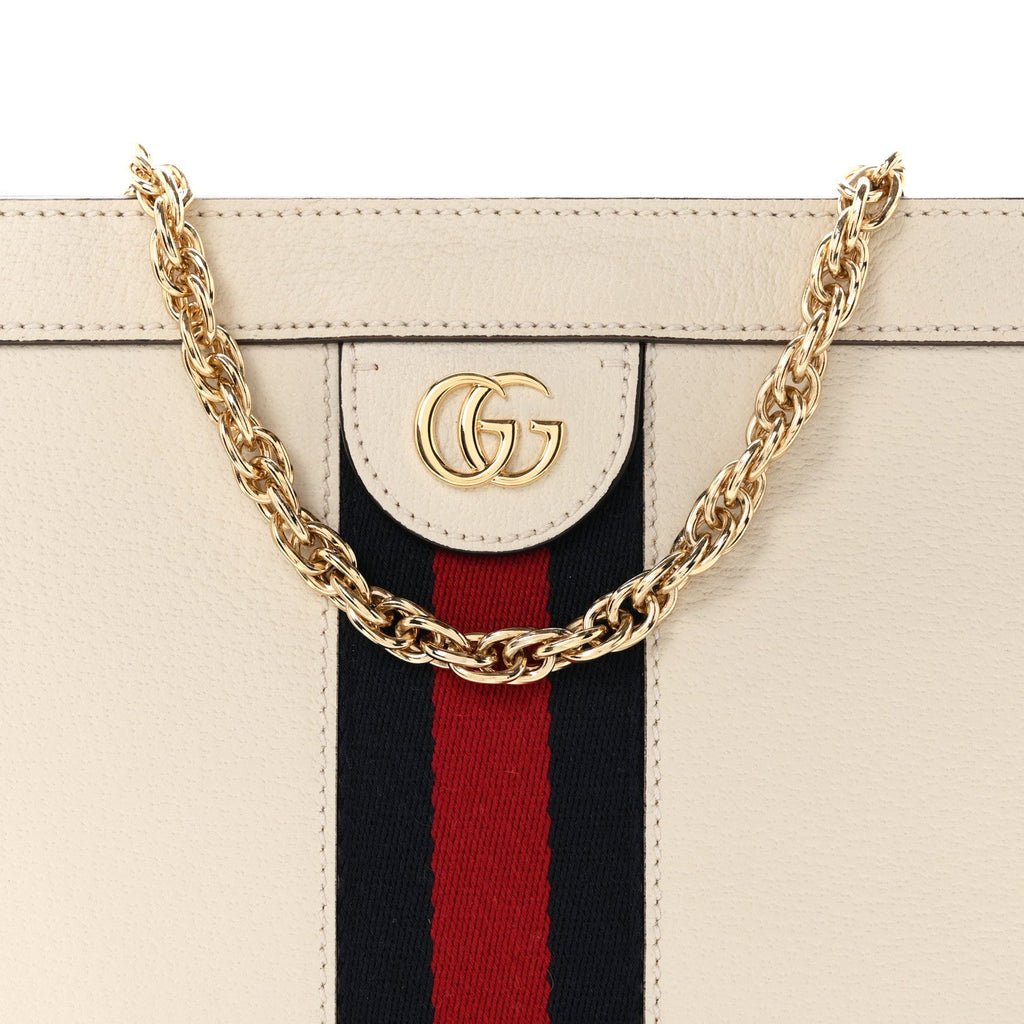Textured Calfskin Web Small Ophidia Chain Shoulder Bag Mystic White