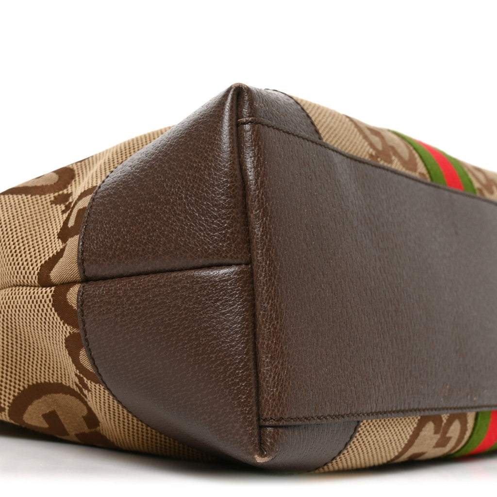 Monogram Jumbo GG Textured Dollar Calfskin Web Medium Ophidia Shopping Tote Camel Ebony