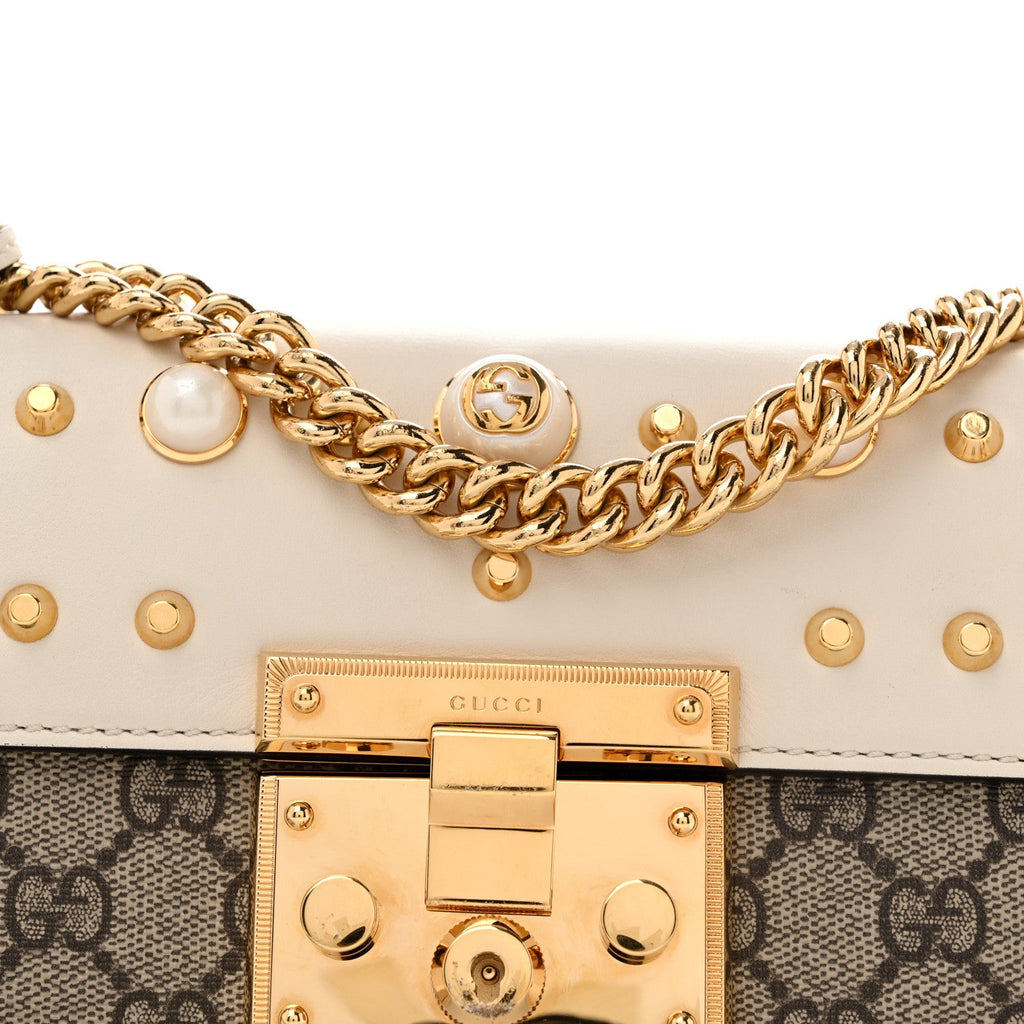 GG Supreme Monogram Studded Small Padlock Shoulder Bag White
