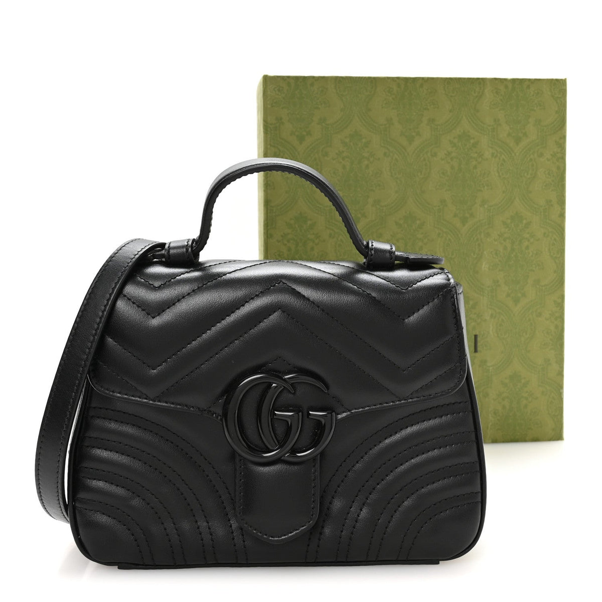 Calfskin Matelasse Monochrome GG Marmont Top Handle Shoulder Bag Black
