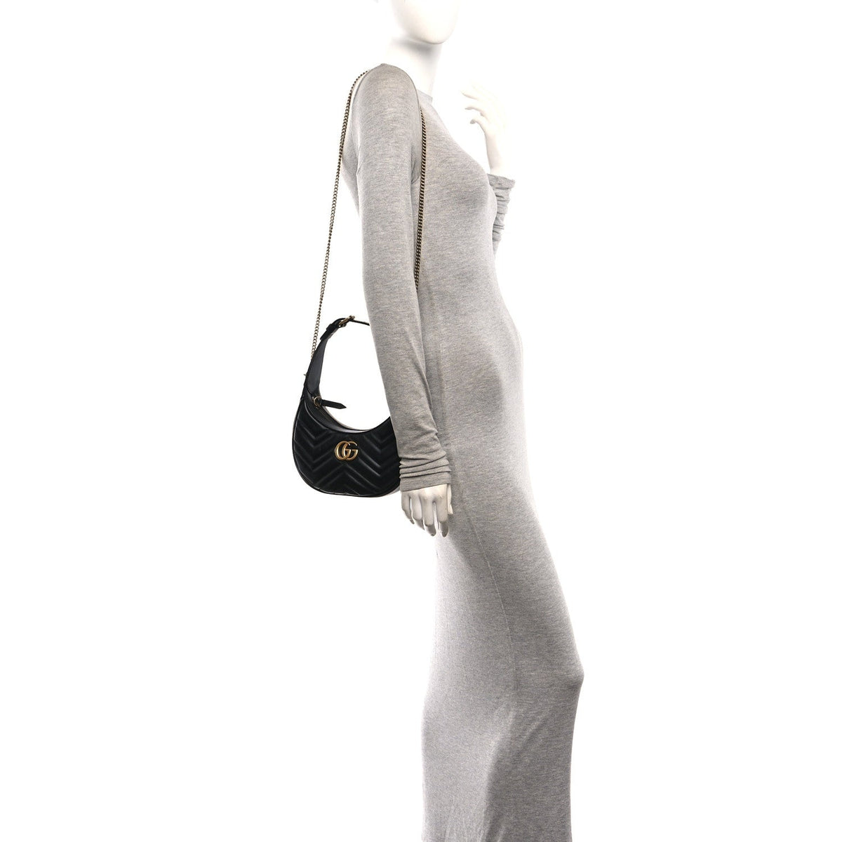 Calfskin Matelasse Chevron Mini GG Marmont Half Moon Hobo Black