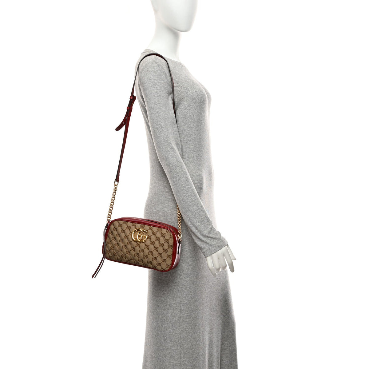 Monogram Azalea Calfskin Matelasse Diagonal Small GG Marmont Chain Shoulder Bag Beige Ebony New Cherry Red