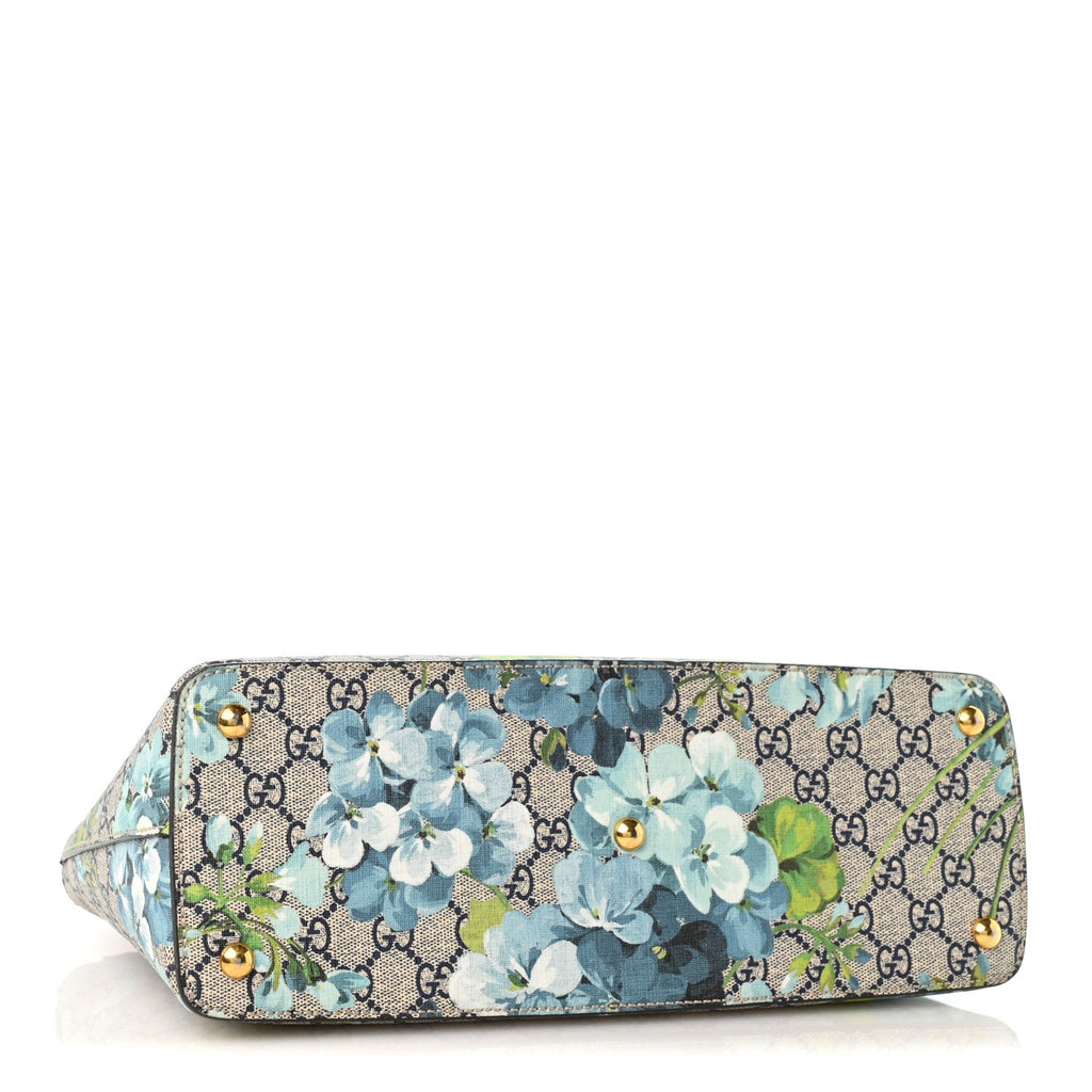 GG Supreme Monogram Blooms Small Zip Top Tote Beige Blue Navy Hibiscus Red