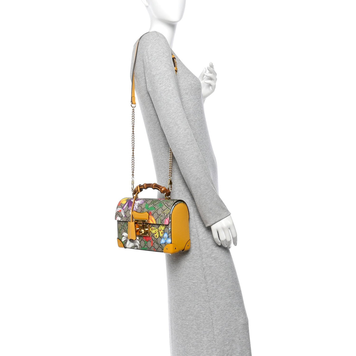 GG Supreme Monogram Flora Small Padlock Bamboo Shoulder Bag Beige Multicolor Crop