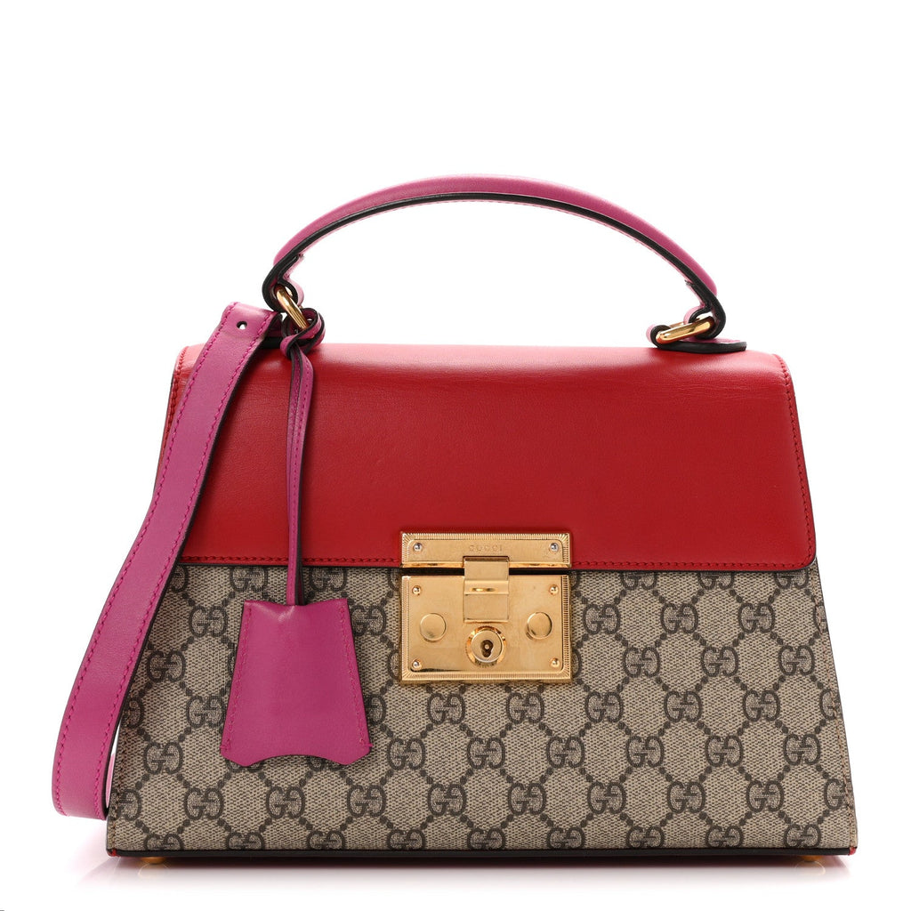 GG Supreme Monogram Calfskin Small Padlock Top Handle Bag Beige Hibiscus Red New Rosette