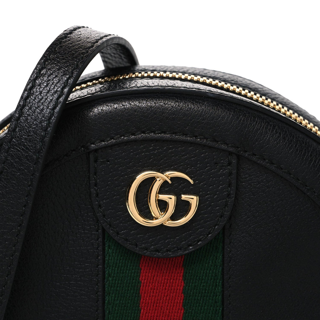 Grained Calfskin Web Mini Ophidia Round Shoulder Bag Black