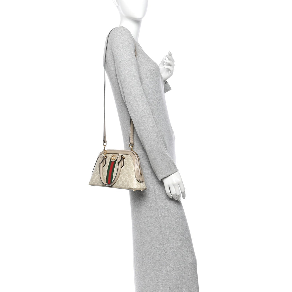 GG Supreme Monogram Textured Dollar Calfskin Web Medium Ophidia Top Handle Bowler Bag Beige Mystic White Oatmeal