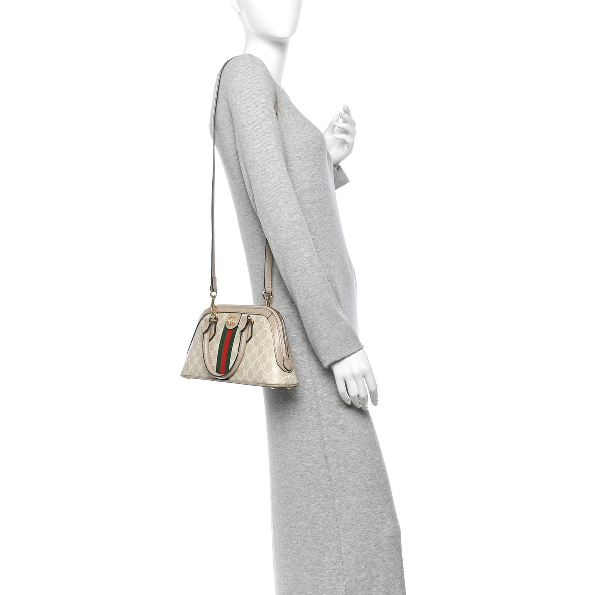 GG Supreme Monogram Textured Dollar Calfskin Web Medium Ophidia Top Handle Bowler Bag Beige Mystic White Oatmeal