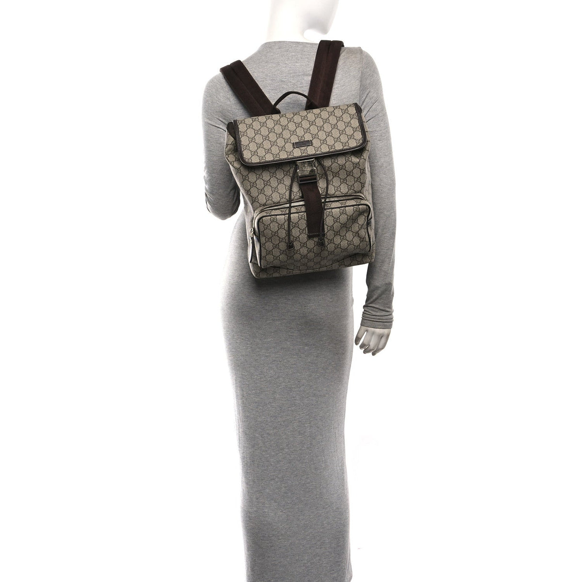 GG Supreme Monogram Medium Single Buckle Rucksack Backpack Beige Ebony Brown