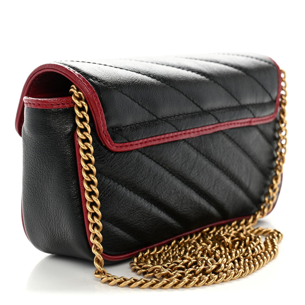 Vintage Effect Calfskin Matelasse Diagonal Super Mini Torchon GG Marmont Shoulder Bag Black Romantic Cherry