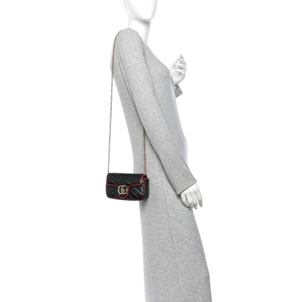 Vintage Effect Calfskin Matelasse Diagonal Super Mini Torchon GG Marmont Shoulder Bag Black Romantic Cherry