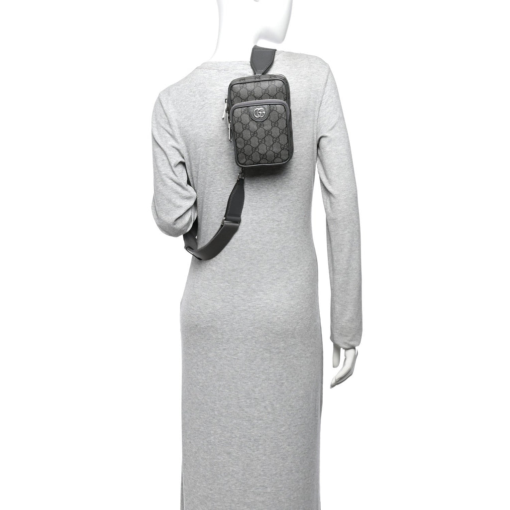 GG Supreme Monogram Textured Dollar Calfskin Mini Ophidia Messenger Grey Black Graphite Grey