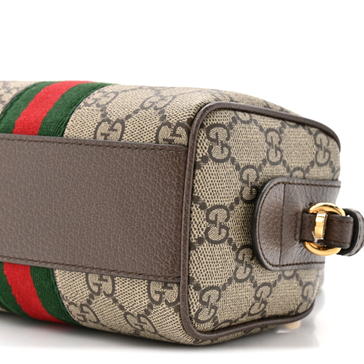 GG Supreme Monogram Textured Dollar Calfskin Web Super Mini Ophidia Top Handle Bowler Bag Beige Ebony New Acero