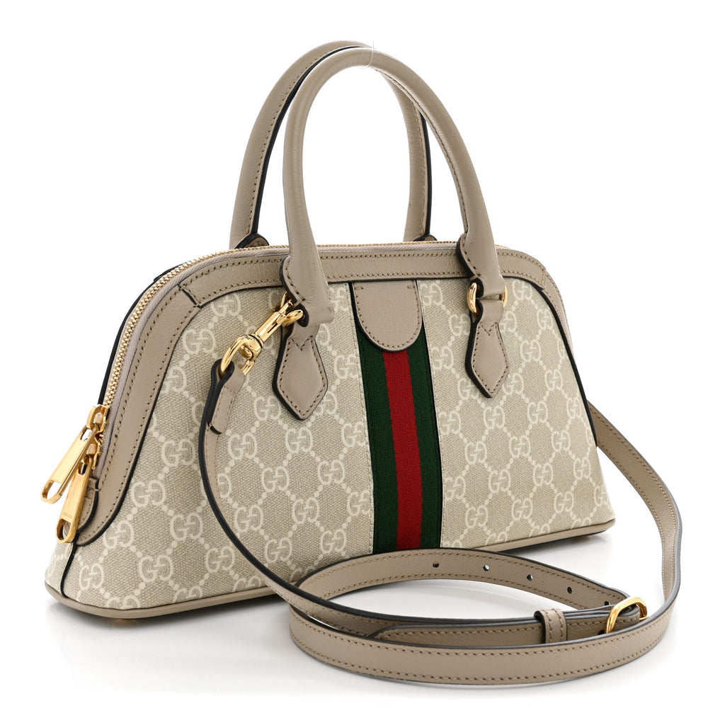 GG Supreme Monogram Textured Dollar Calfskin Web Medium Ophidia Top Handle Bowler Bag Beige Mystic White Oatmeal