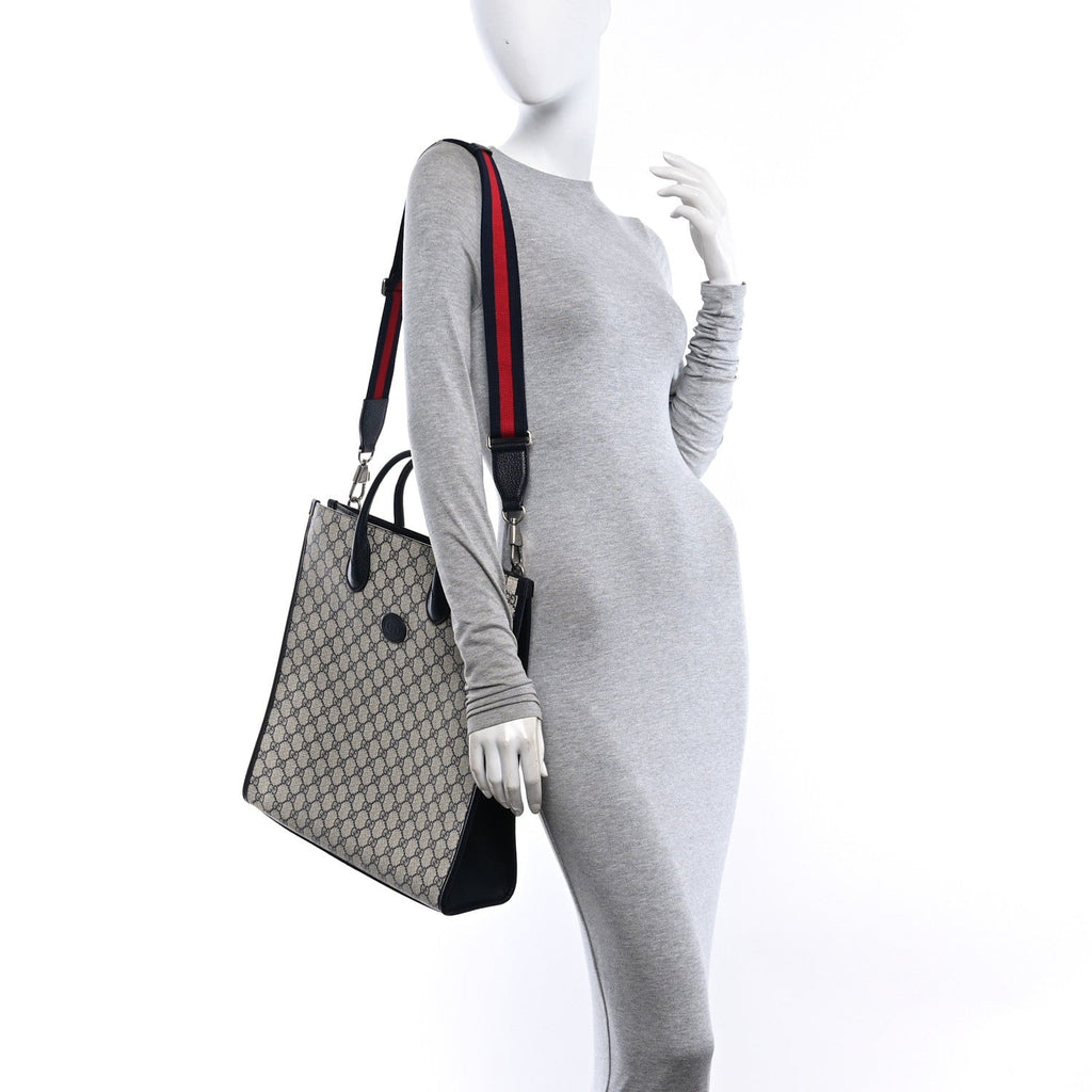 GG Supreme Monogram Textured Dollar Calfskin Web Medium Retro Interlocking G Tote Bag Beige Blue