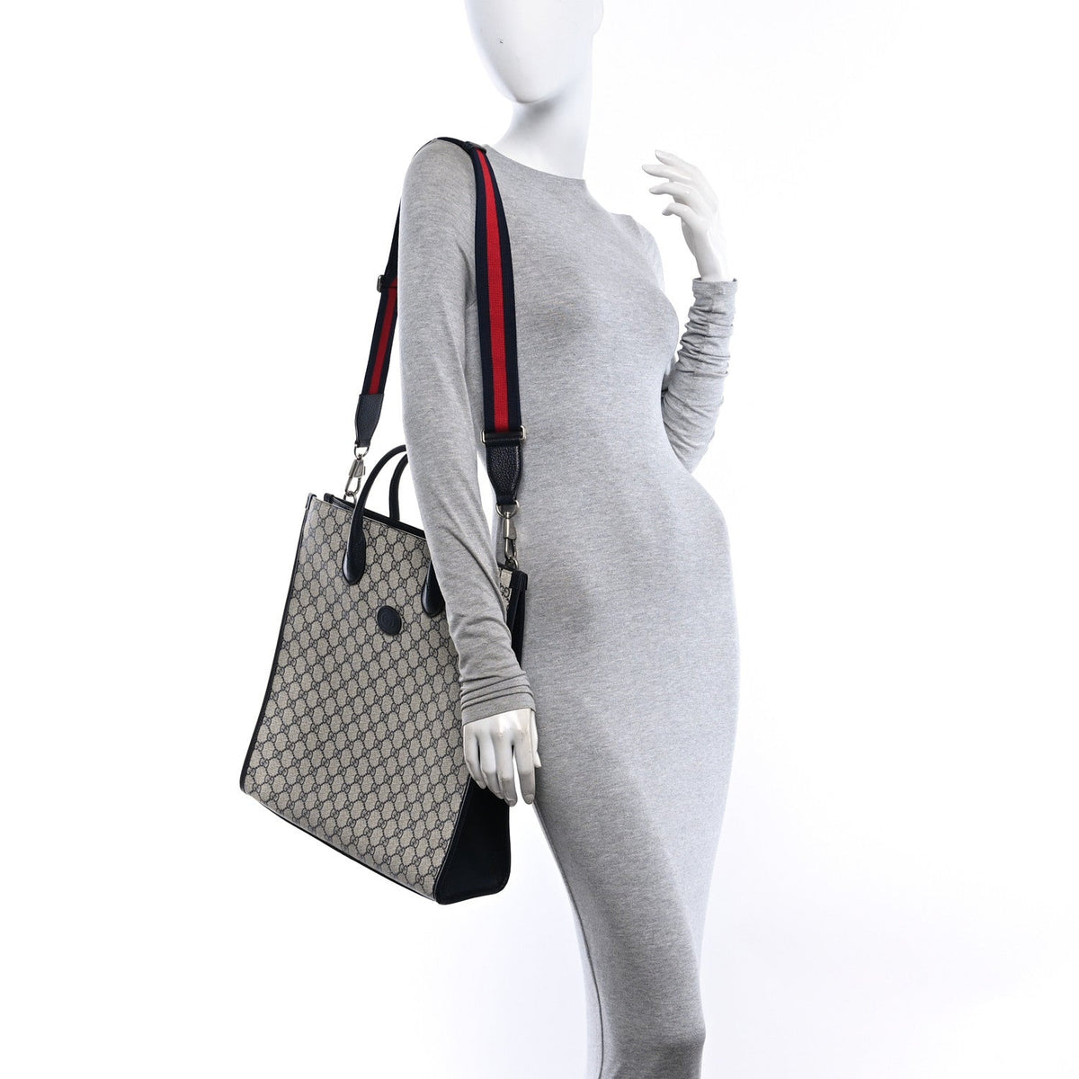 GG Supreme Monogram Textured Dollar Calfskin Web Medium Retro Interlocking G Tote Bag Beige Blue