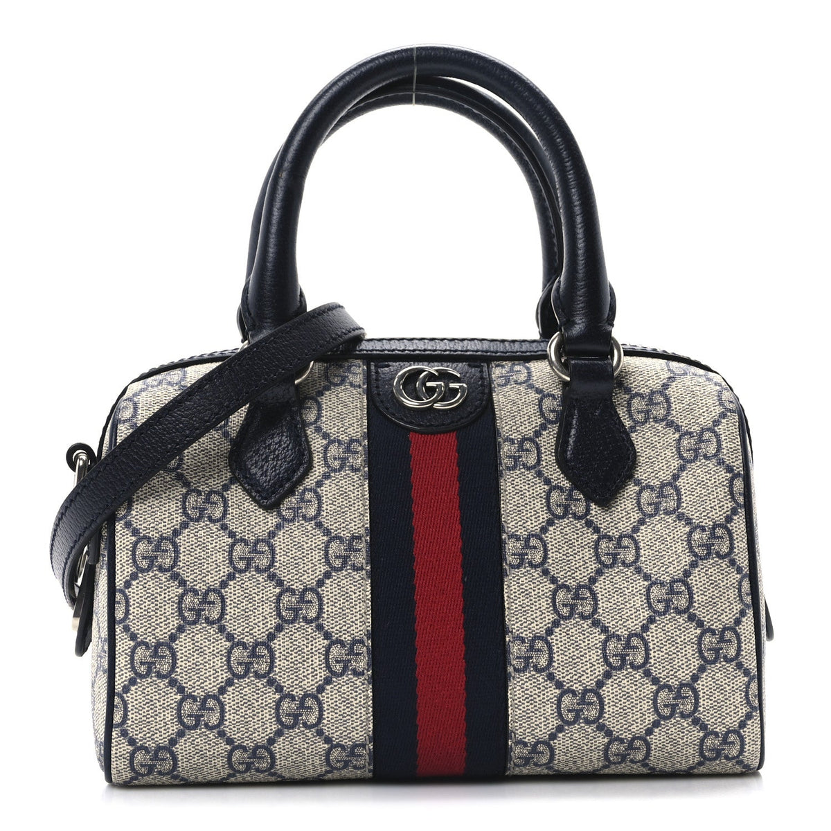 GG Supreme Monogram Textured Dollar Calfskin Web Mini Ophidia Top Handle Bag Beige Blue