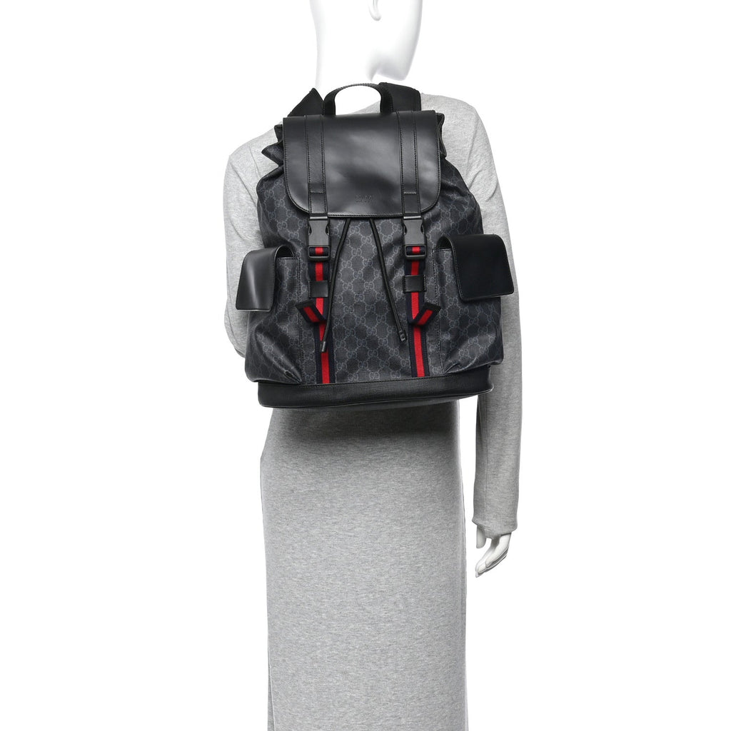 Soft GG Supreme Monogram Calfskin Web Double Buckle Backpack Black