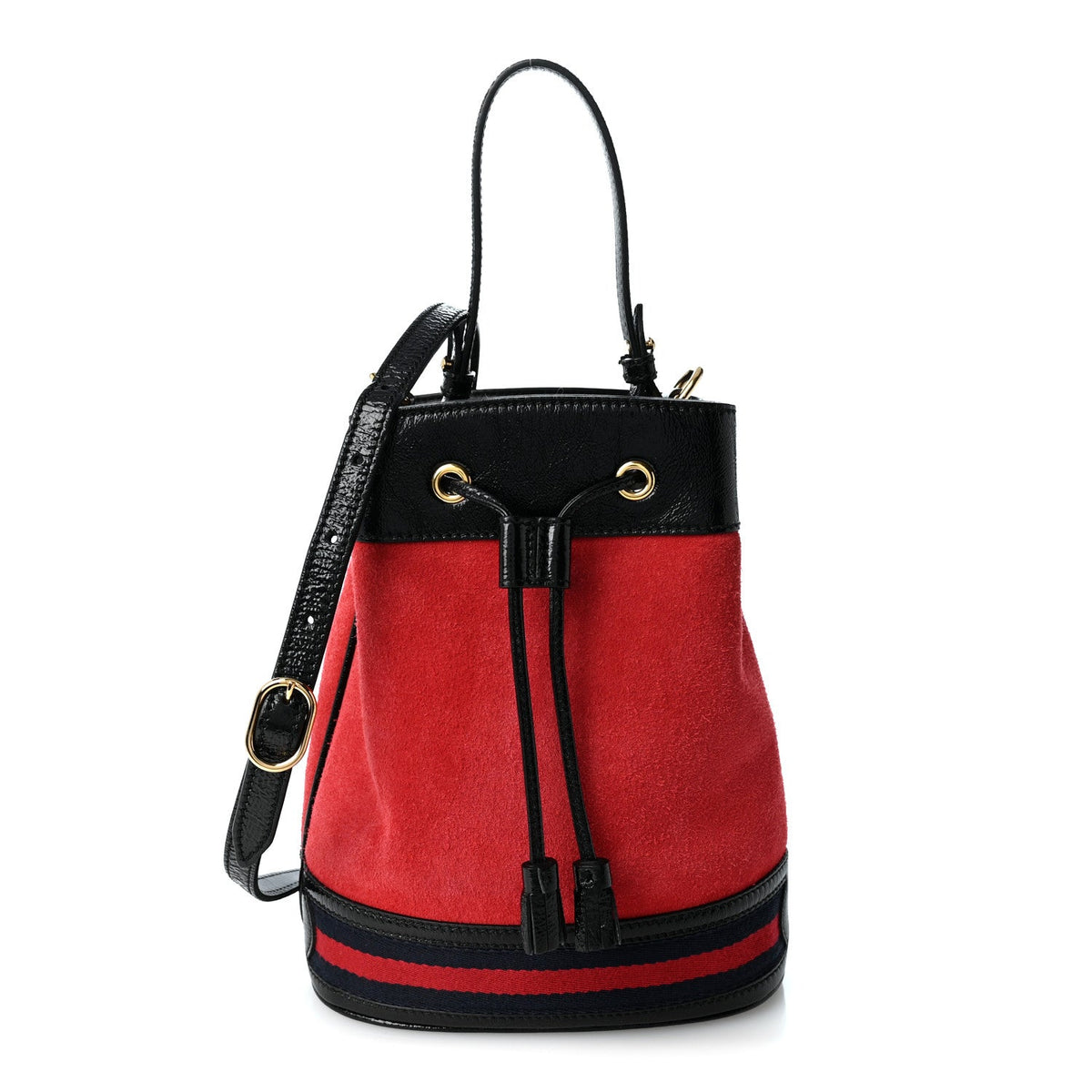 Suede Patent Web Small Ophidia Bucket Bag Hibiscus Red Black