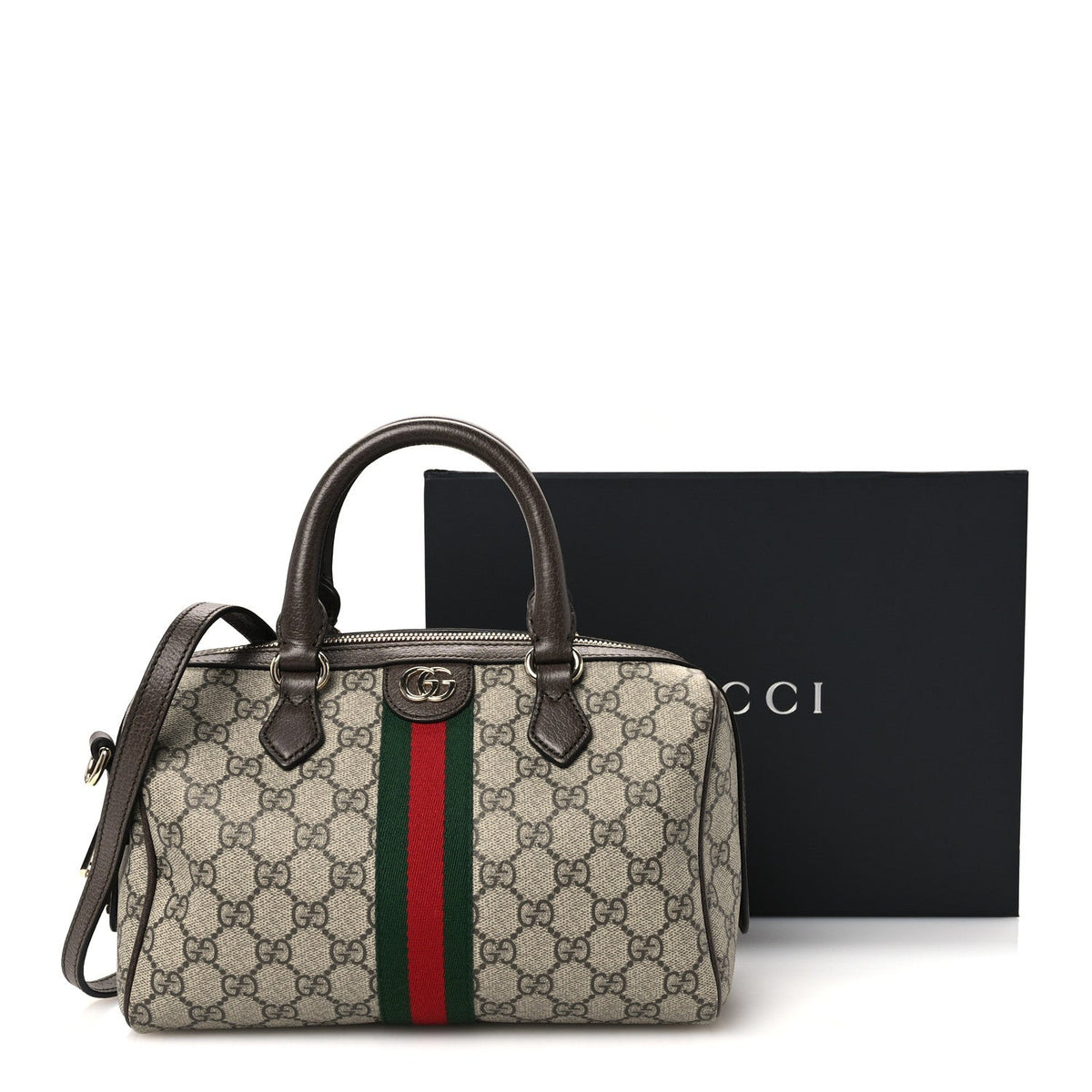 GG Supreme Monogram Web Medium Ophidia Top Handle Bag Beige Dark Brown