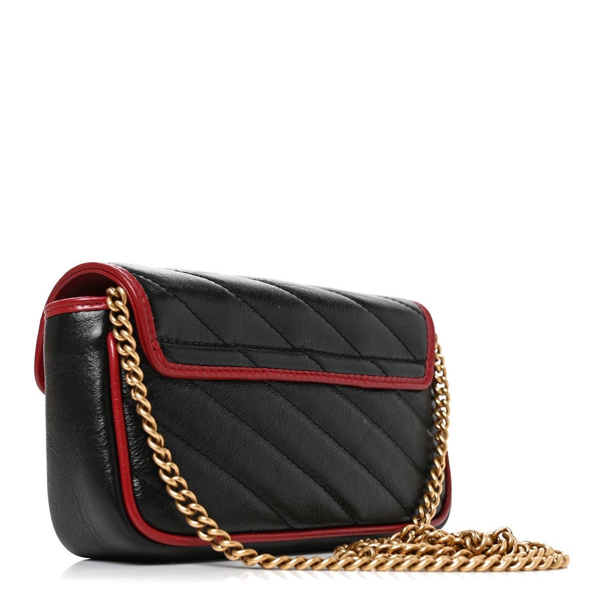 Vintage Effect Calfskin Matelasse Diagonal Super Mini Torchon GG Marmont Shoulder Bag Black Romantic Cherry