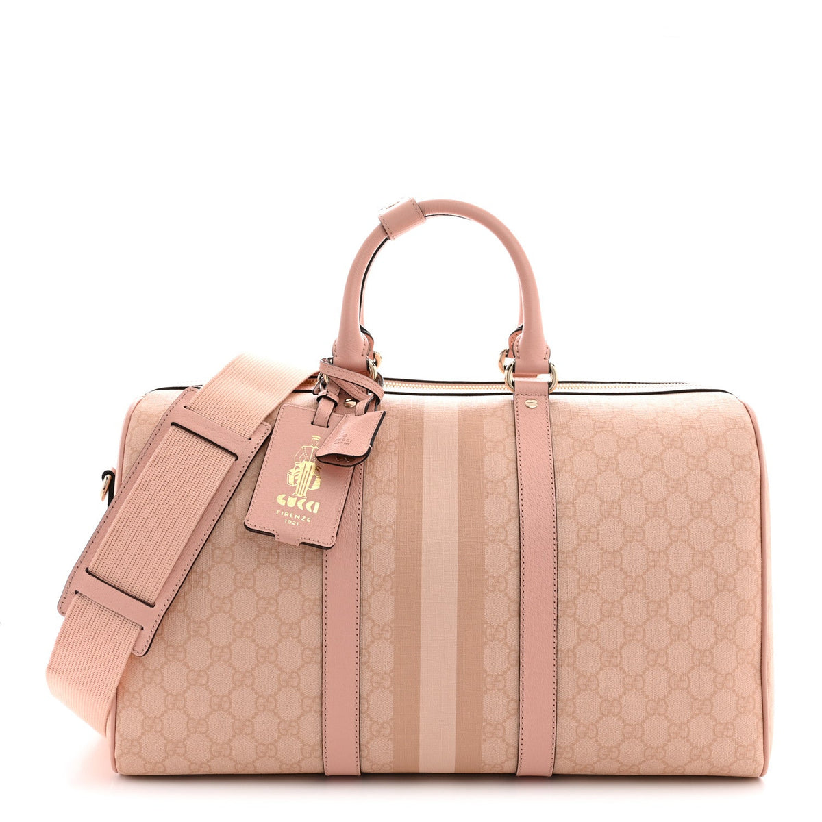 GG Supreme Monogram Textured Dollar Calfskin Web Medium Savoy Duffle Bag Rose Pink