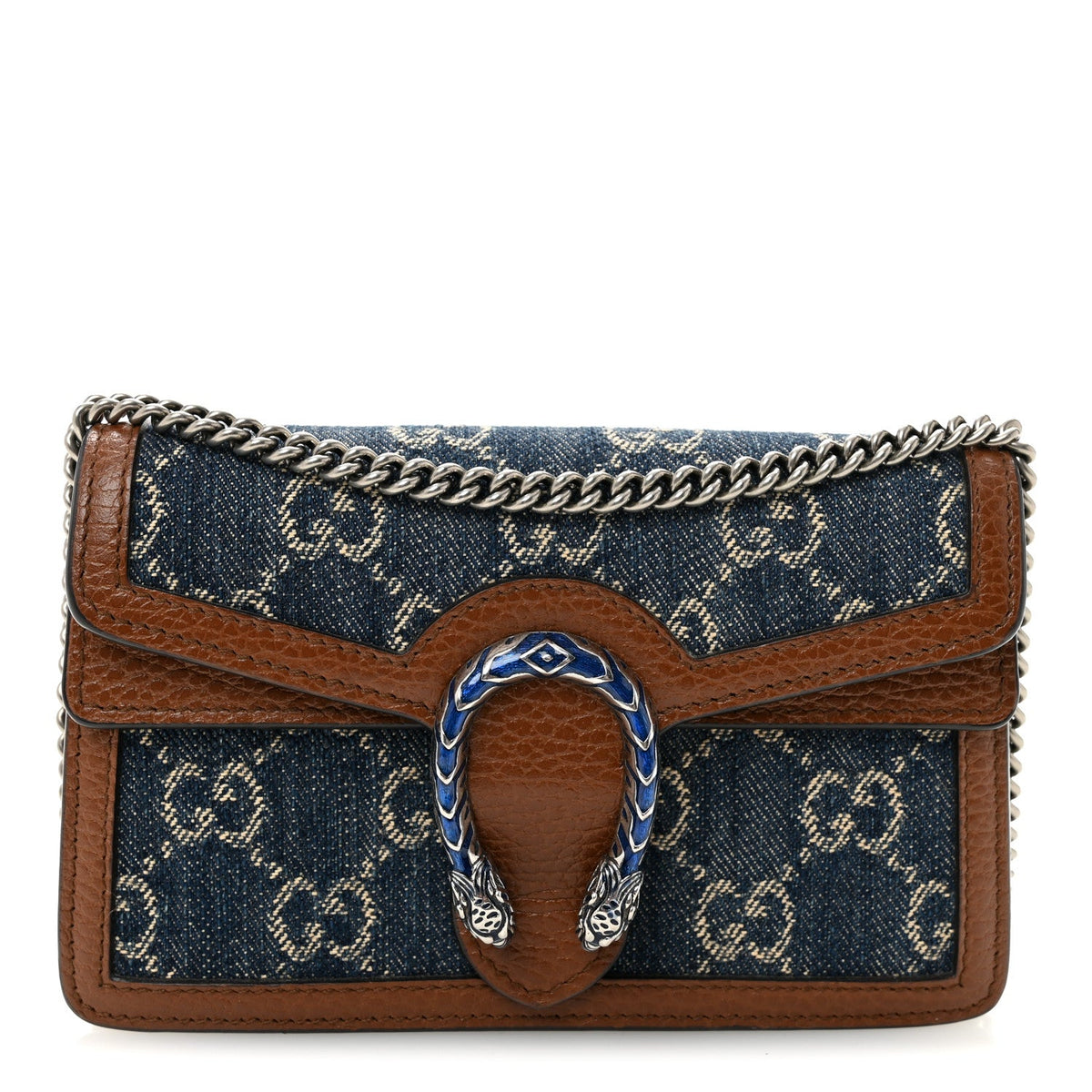 New Denim GG Monogram Dollar Calfskin Enamel Super Mini Dionysus Shoulder Bag Blue Tea Cuir Epilog Electric Blue
