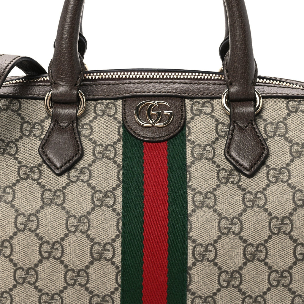 GG Supreme Monogram Web Medium Ophidia Top Handle Bag Beige Dark Brown