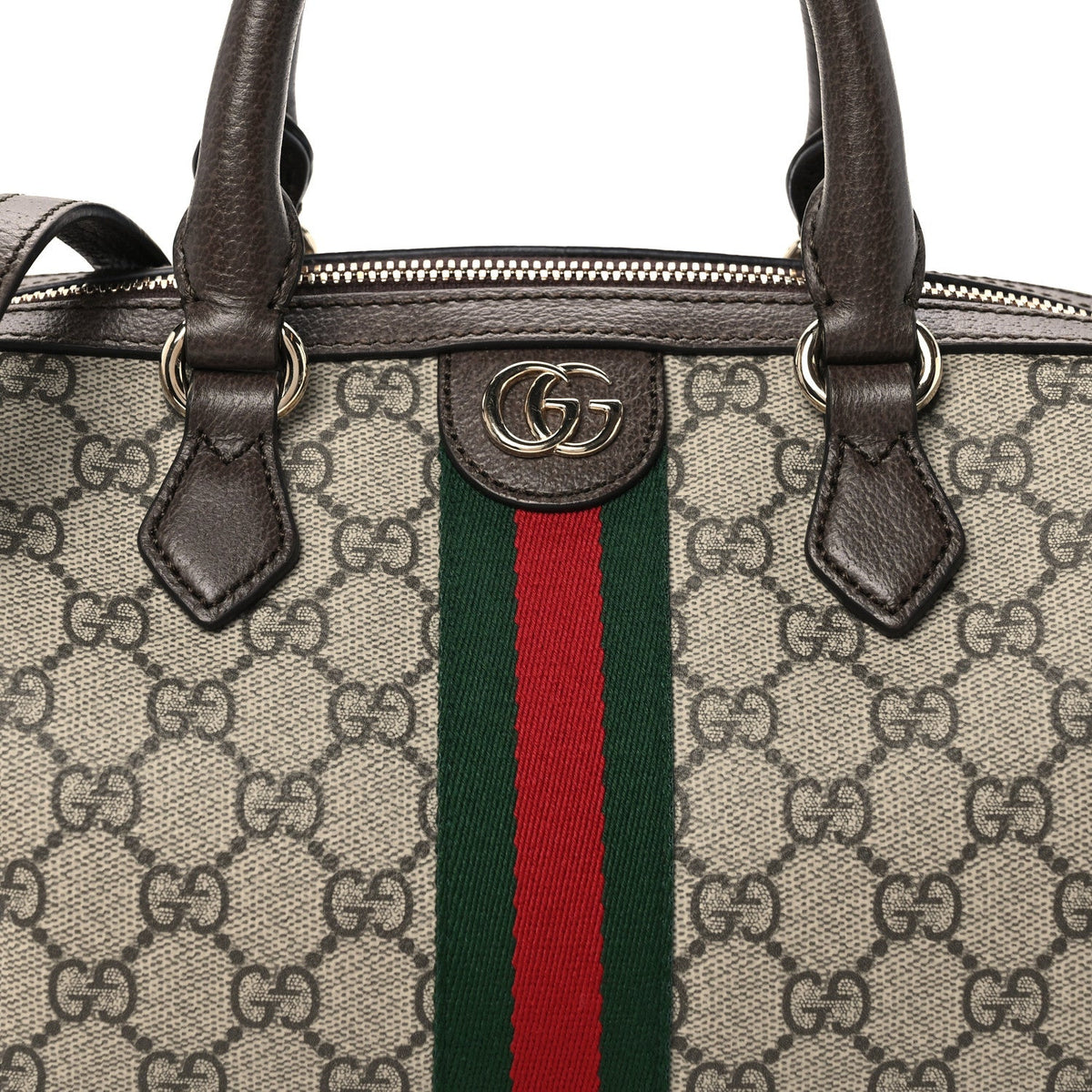 GG Supreme Monogram Web Medium Ophidia Top Handle Bag Beige Dark Brown