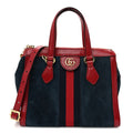 Suede Calfskin Web Small Ophidia Tote Bag New Blue Romantic Cherry