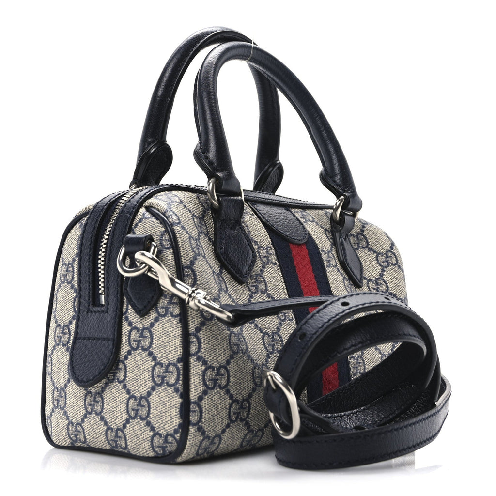 GG Supreme Monogram Textured Dollar Calfskin Web Mini Ophidia Top Handle Bag Beige Blue
