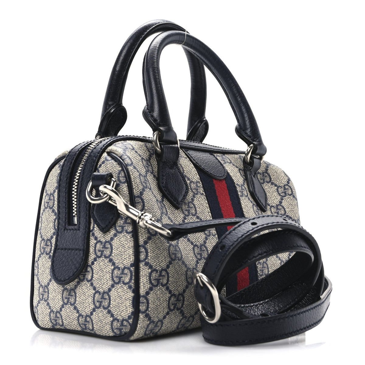 GG Supreme Monogram Textured Dollar Calfskin Web Mini Ophidia Top Handle Bag Beige Blue
