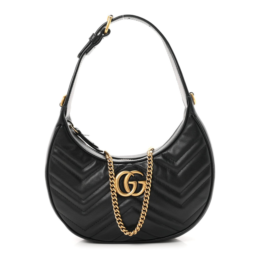 Calfskin Matelasse Chevron Mini GG Marmont Half Moon Hobo Black