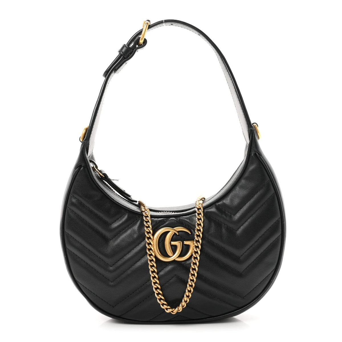 Calfskin Matelasse Chevron Mini GG Marmont Half Moon Hobo Black