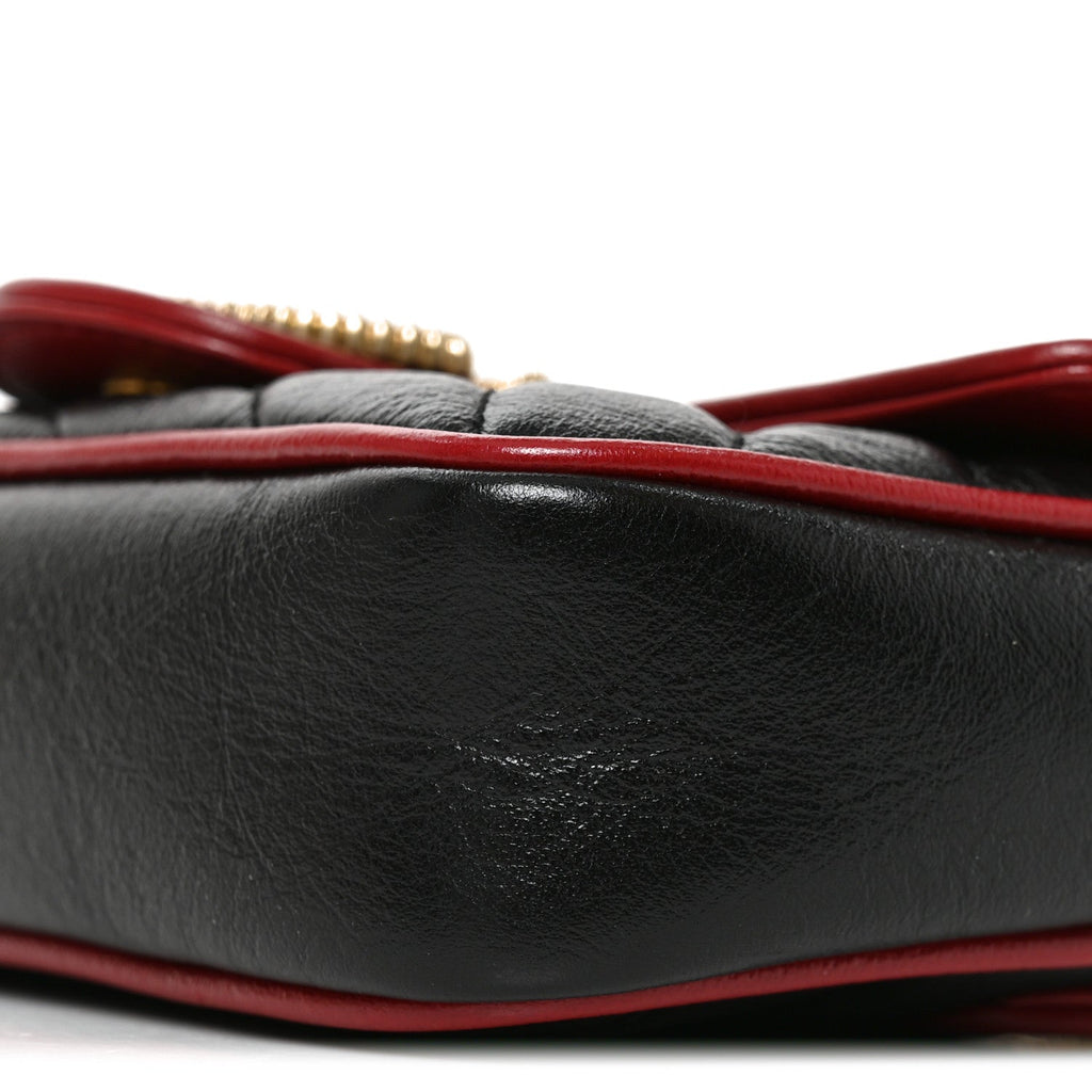 Vintage Effect Calfskin Matelasse Diagonal Super Mini Torchon GG Marmont Shoulder Bag Black Romantic Cherry