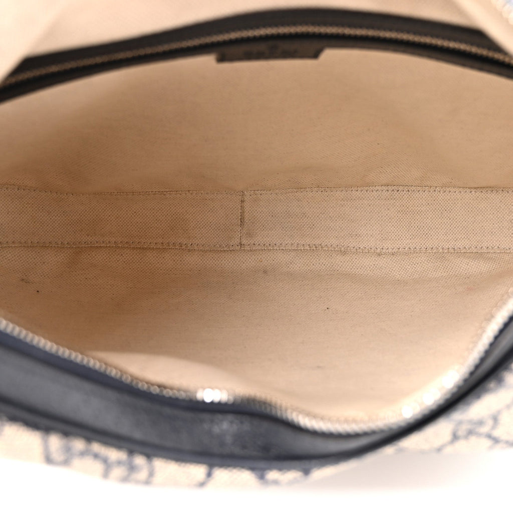 GG Supreme Monogram Textured Calfskin Web Large Attache Shoulder Bag Beige Blue