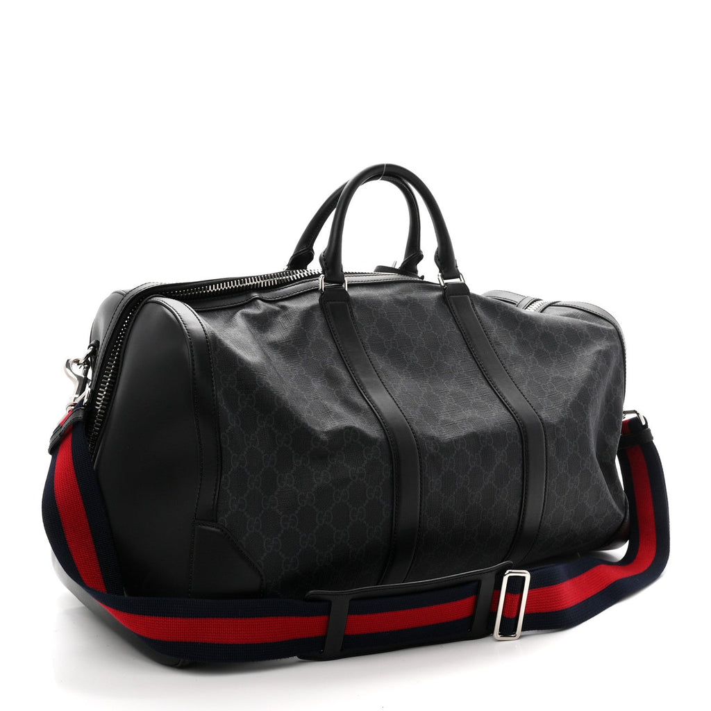 Soft GG Supreme Monogram Appia Calfskin Web Large Carry On Duffle Bag Black Grey