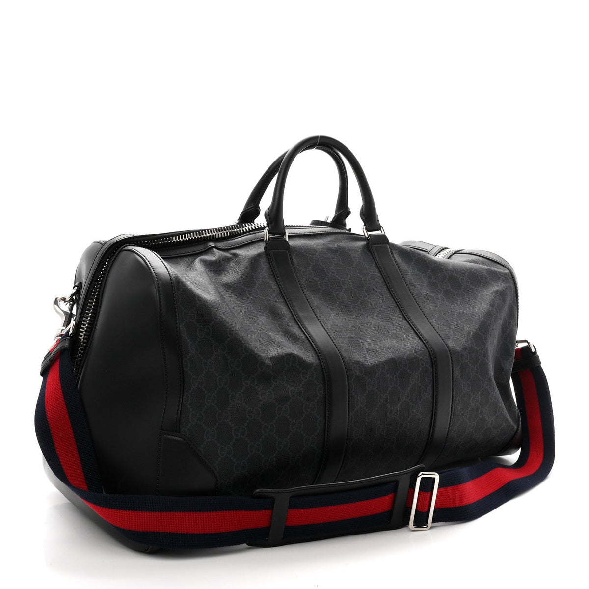 Soft GG Supreme Monogram Appia Calfskin Web Large Carry On Duffle Bag Black Grey
