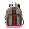 GG Supreme Monogram Textured Dollar Calfskin Web Small Ophidia Day Backpack Beige Ebony Fluorescent Fuchsia