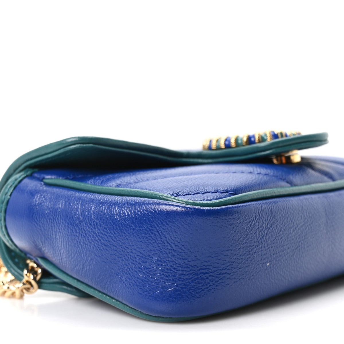 Azalea Calfskin Enamel Matelasse Diagonal Super Mini Torchon GG Marmont Shoulder Bag Imperial Blue Pavone