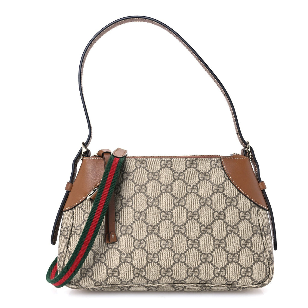 GG Supreme Monogram Textured Calfskin Small Emblem Shoulder Bag Beige Dark Brown