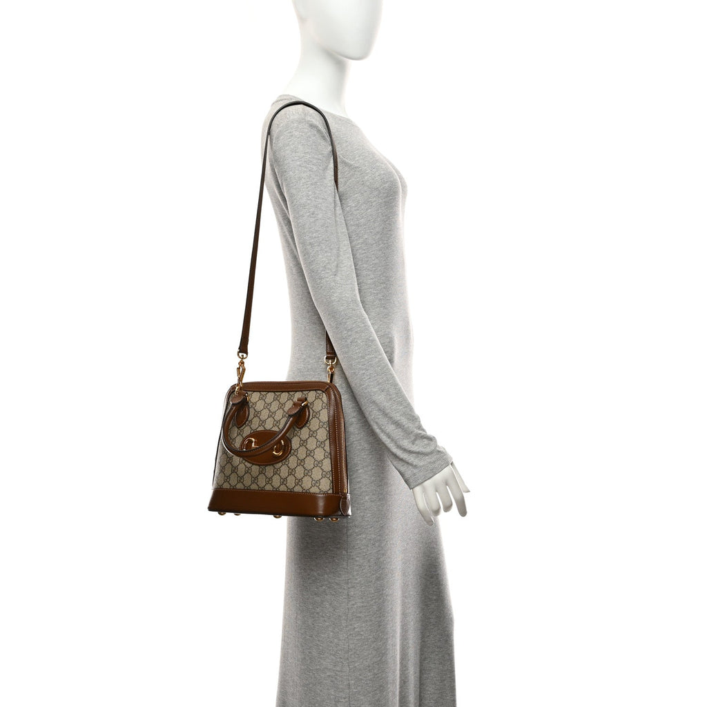 GG Supreme Monogram Azalea Calfskin Small Horsebit 1955 Top Handle Bag Beige Ebony Brown Sugar